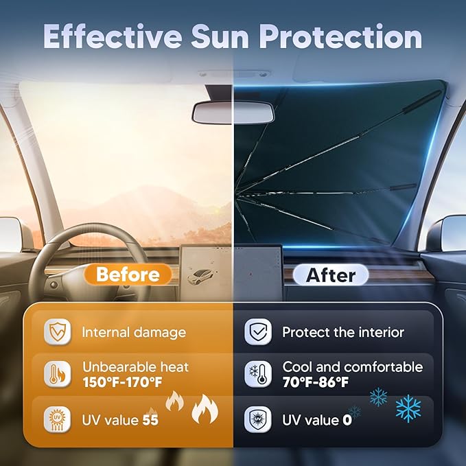Autorder Windshield Sun Shade Umbrella for 2018-2026 Volkswagen VW Atlas/Atlas Cross Sport Accessories,Upgraded Ice Crystal Material,Easy Setup Umbrella Sunshade for Car Windshield,100% Sun Blocking