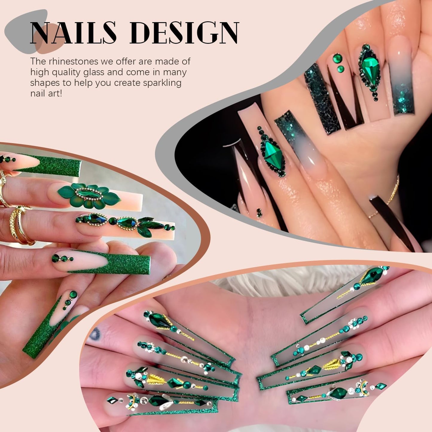 2060Pcs Emerald Green Glass Nail Rhinestones 60Pcs Multi Shapes Flatback Nail Gems + 2000Pcs 1.5-4mm Round Crystal, Manicure Nail Charms Diamond Gemstones for Acrylic Nails Decoration