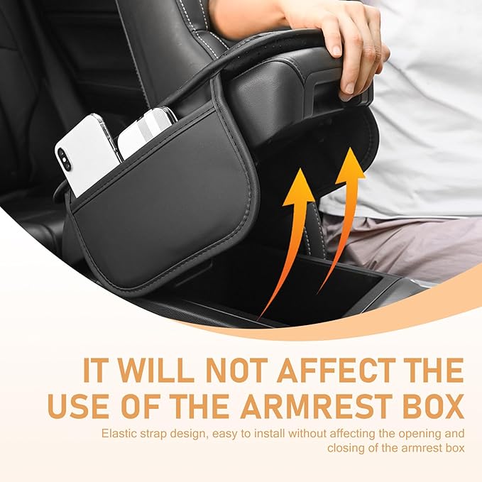 Car Center Console Pad, Leather Car Armrest Box Pad Cover, Vehicle Armrest Protector Cushion with 2 Storage Bags, Universal Arm Rest Pad for Car Interior Accessories Protect (Black)