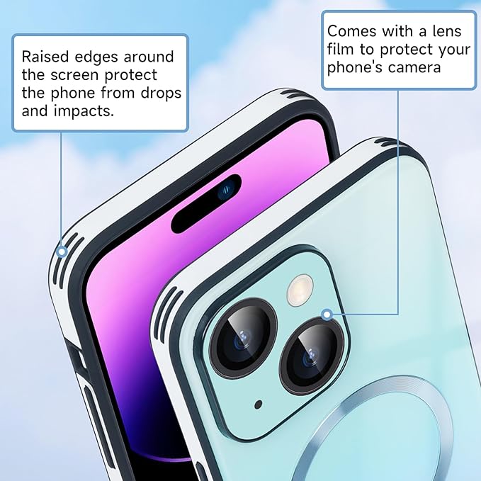 Guppy Compatible with iPhone 15 Plus Case Magnetic, with Full Camera Lens Protector [Compatible with MagSafe] Scratch Resistant Gradient Glass Back Cover Phone Case-Blue
