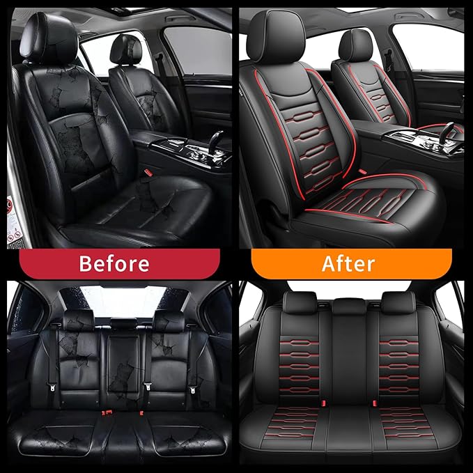 Fit Sonata Car Seat Covers for Hyundai Sonata 2004-2024 2025 2026- Upgraded Premium Waterproof & Breathable Leather, Airbag Compatible, All-Weather Seat Cushion Protector (Full Set, Black+Red)