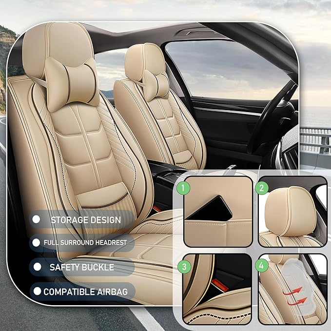 Leather Car Seat Covers Fit for Toyota Corolla 1997-2024, 5 Seater Car Seat Cover, Premium Waterproof, Scratch Resistant Car Interior Accessories (Full Set with Pillow Beige)