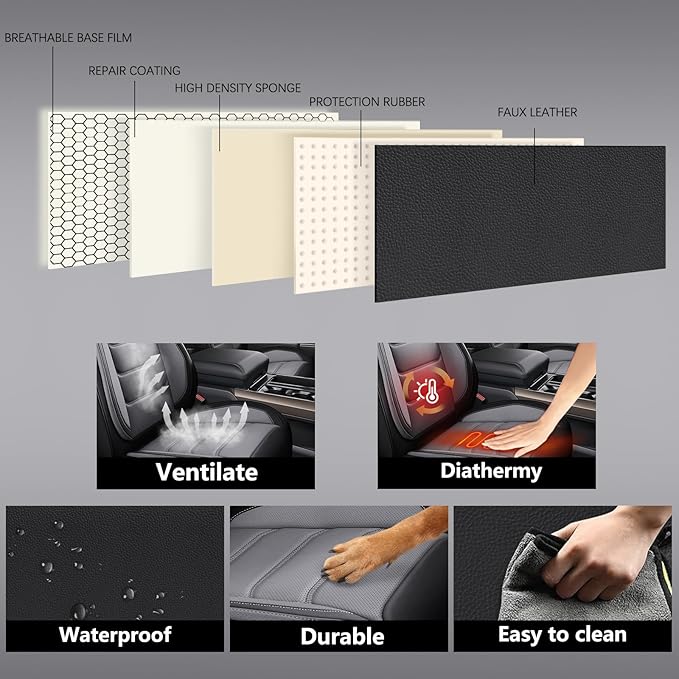Full Coverage Faux Leather Car Seat Covers Full Set,Automotive Seat Covers for Cars,SUVs Pick-up Truck, Car Seat Cushion, Black and Grey Seat Covers,Front Seat Cover,Car Seat Protector