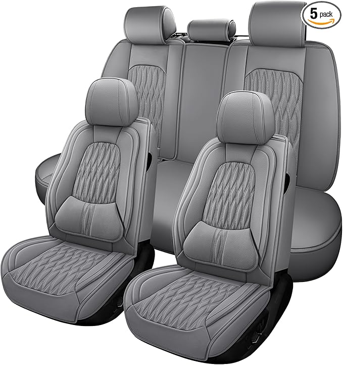 WELLDO Car Seat Covers Full Set, Leather Seat Covers for Car, Waterproof Car Seat Protector with Lumbar Support, Automotive Seat Covers Universal Fit for Most Cars SUV Truck,Gray,w02.