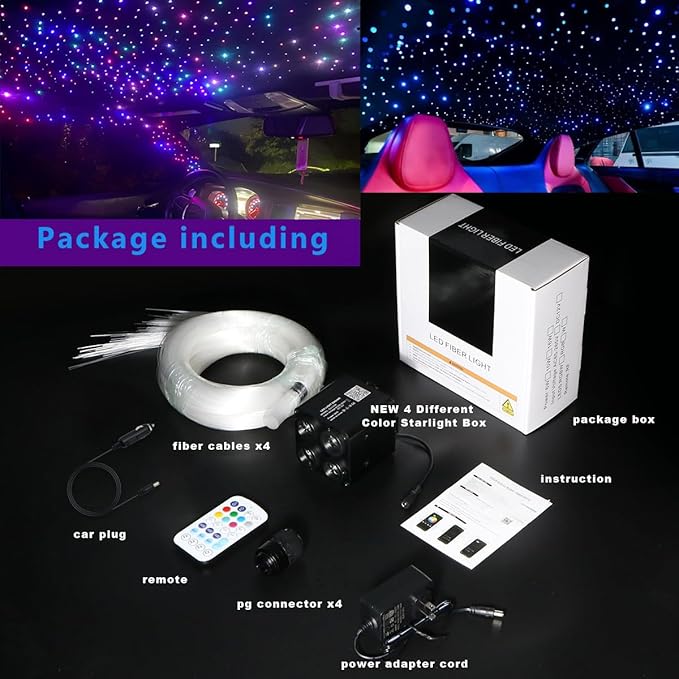 AZIMOM 4Port 36W Twinkle 1000pcs 0.03in 13.1ft Fiber Optic Starlight Headliner Kits 4Colors Light Source Sound Activated Remote APP Control Home Indoor Ceiling Car Headliner Decoration