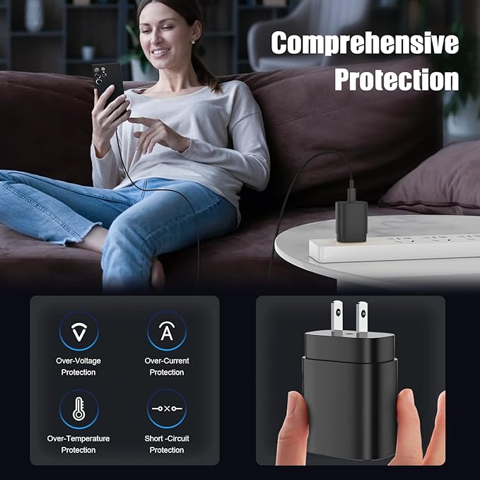 Essri Type C Charger Fast Charging for Samsung Galaxy S25 S24 S23 S22 Note 20,4Pack 25W Super USB C Fast Charger Block with (6ft+10ft) x2 Cables for iPhone 15/16 Pro Max/Plus, Android Phones - Black