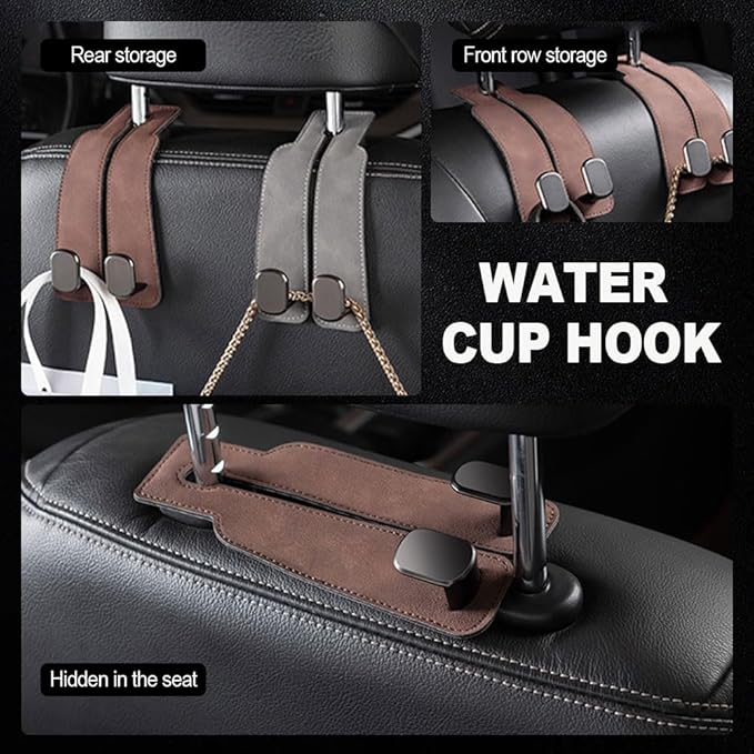2026 New 2 in 1 Car Seat Back Storage Hook, Car Backseat Organizer Accessories, Premium Leather Headrest Hook for Auto Hooks Organizer for Handbag Purse Coat Bags (2, Grey)