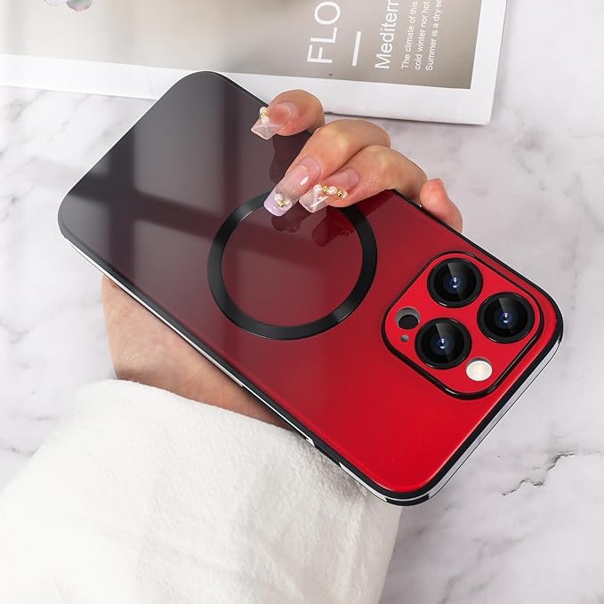 Guppy Compatible with iPhone 15 Pro Max Case Magnetic, with Full Camera Lens Protector [Compatible with MagSafe] Scratch Resistant Gradient Glass Back Cover Phone Case-Red
