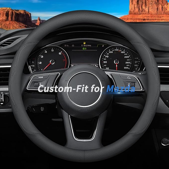 Custom-Fit for Mazda Steering Wheel Cover, Premium Leather Car Steering Wheel Cover with Logo, Non-Slip, Breathable, for Mazda Accessories (B-Style,for Mazda)