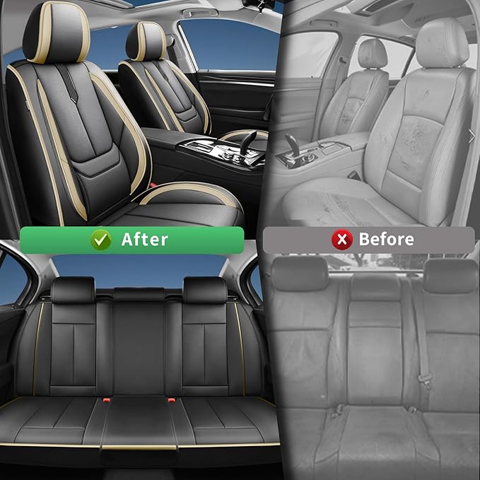 Fit Camry Car Seat Covers for Toyota Camry 2012-2024 2025 2026 -Upgraded Premium Waterproof & Breathable Leather,Airbag Compatible,All-Weather Seat Cushion Protector,2 Front/Black-Beige