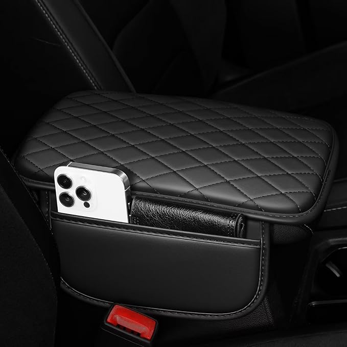 Upgraded Car Center Console Cover Fit for Land Cruiser Faux Leather Car Armrest Cover Cushion with 2 Storage Bags,Car Armrest Storage Box Interior Accessories(Black)