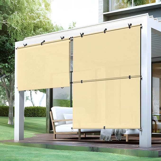 Bynbbur 8'W x 13'H Outdoor Patio Shades Foldable Roller Blinds, 220 GSM Sun Shade Roll Up Porch Screens Exterior Shade Cloth for Deck Pergola Backyard, Beige