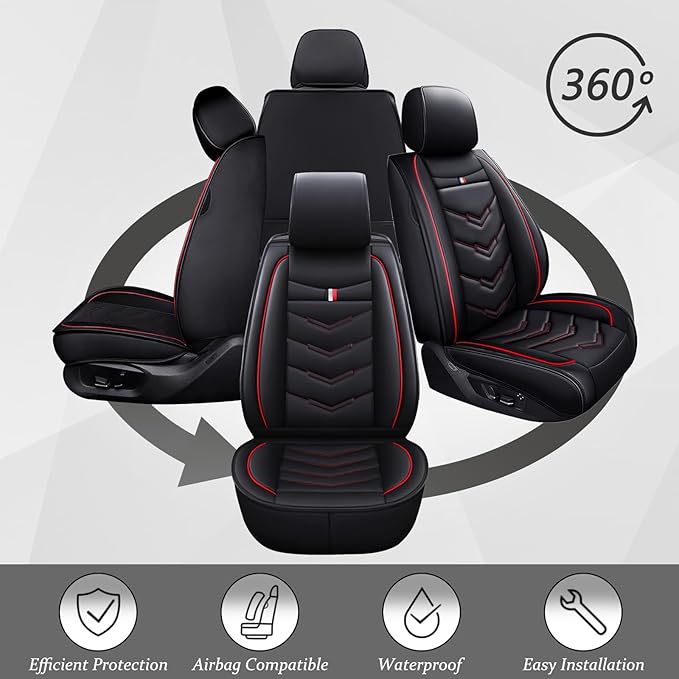 Car Seat Cover 6 Seats for Ford Explorer 2000-2026, Waterproof Durable Compatible Airbag, Premium Leather Seat Protector(6 Seats Luxury,Black Red)