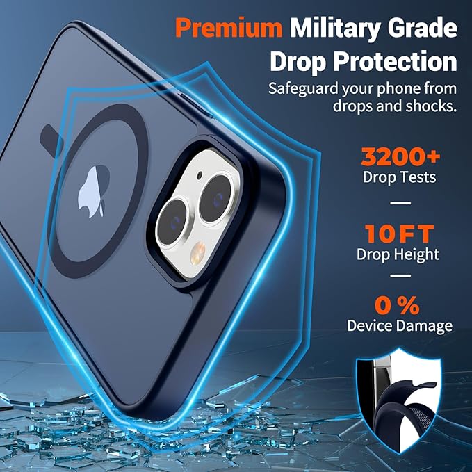 SUPFINE Magnetic for iPhone 15 Plus Case & iPhone 14 Plus Case with Screen Protector (Compatible with MagSafe)(Military Grade Drop Protection) Translucent Shockproof Phone Cover,Dark Blue