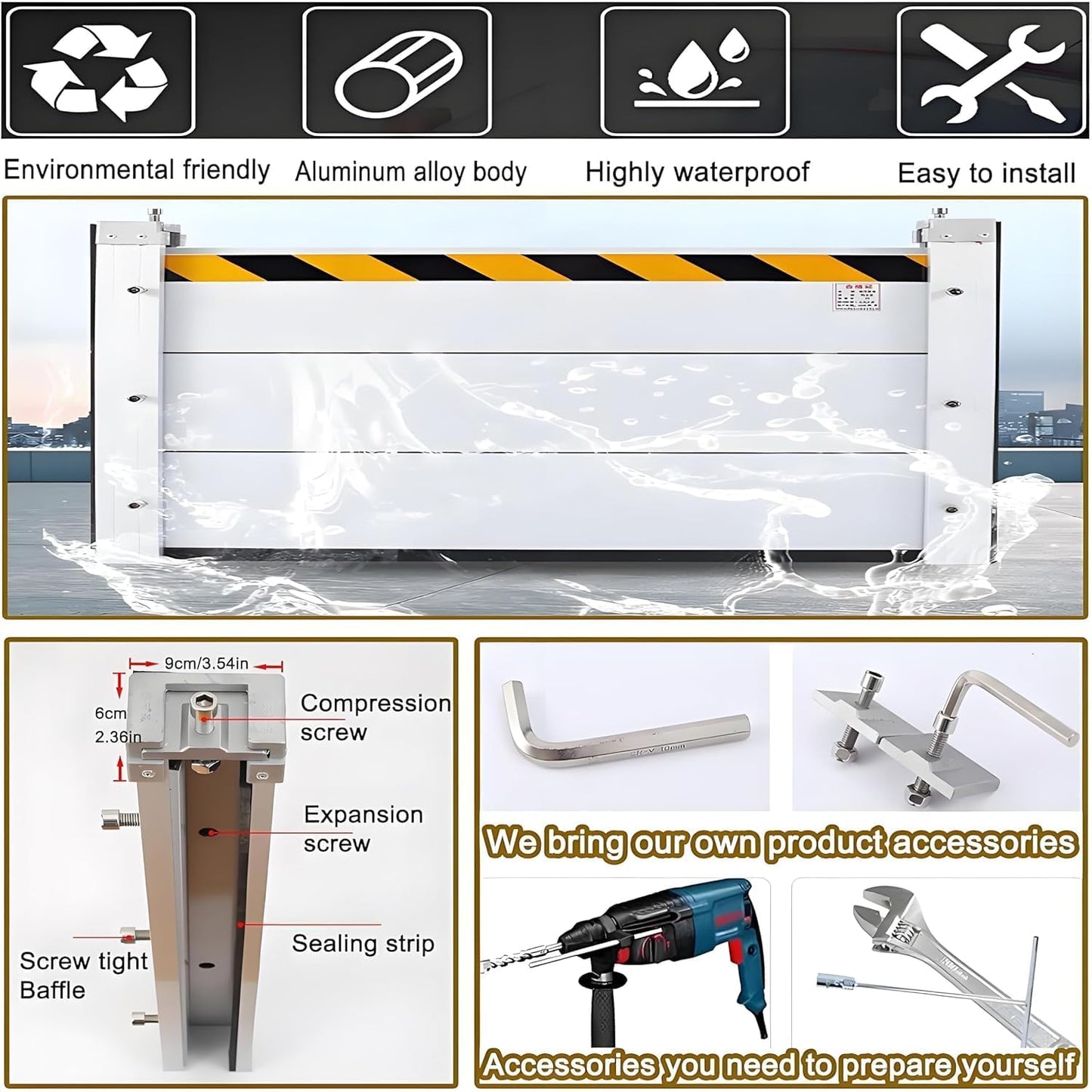 Flood Barriers for Home Exterior - Aluminum Alloy Outdoor Easy Flood Barrier Garage Doors Water Barriers for Flooding,H31.5 Inch/L5.5FT