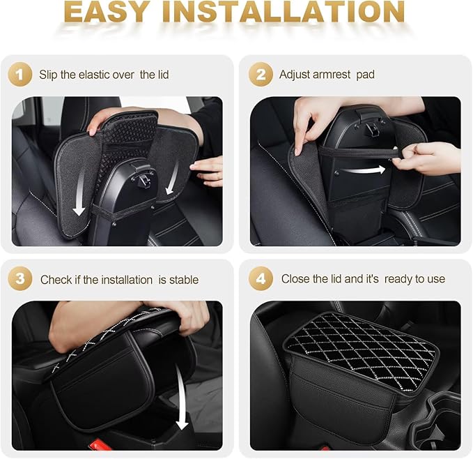 Bling Center Console Cover with 2 Side Pockets Fit for Land Cruiser Multi-Functional Car Armrest Cushion Diamond-Studded Rhombus Pattern Style(Black&Silver Diamond)