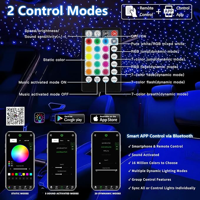 Starlight Headliner Light Kit 16W Upgraded Car Home Fiber Optic Lights 600pcs*0.03in(6.5ft/2m) Sound Activated APP/Remote Control Small Size Star Lights for Car Home Star Ceiling Decoration