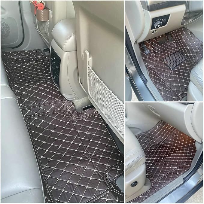 Customize Car Floor Mats for 99% Sedan SUV Sports Car All Weather Leather Full Coverage Waterproof Non-Slip Vehicle Lining Pads (Black Brown Stitching)