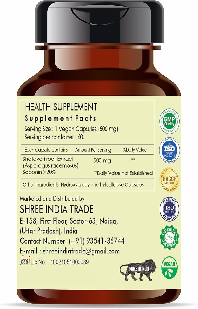Shatavari Extract 500mg - 60 Vegetarian Capsules | Asparagus Racemosus | All Natural | 100% Vegan | Gluten-Free | GMP Certified.