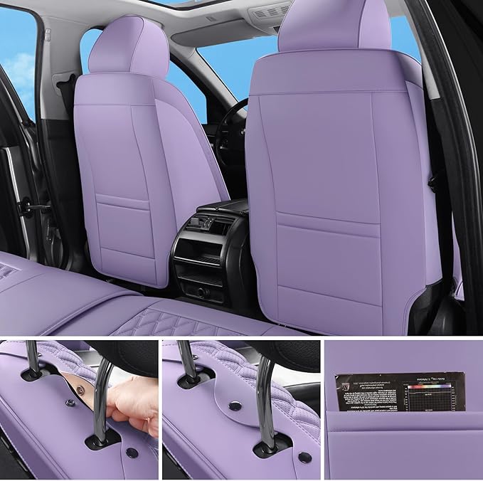 Car Seat Covers Full Set Purple, Luxury Faux Leather Waterproof Non-Slip Women Seat Protector Universal Fit for Most Cars SUVs Trucks Pick-ups,Car Interior Accessories(Purple-Full Set)
