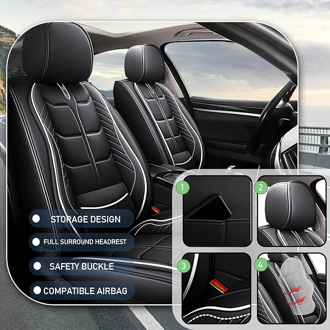 Leather Car Seat Covers Fit for Toyota Corolla Hatchback 2019-2024, 5 Seater Car Seat Cover, Premium Waterproof, Scratch Resistant Car Interior Accessories (Full Set Black White)