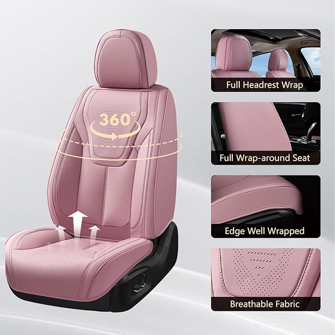 FLORICH Car Seat Cover Full Set, Automotive Vehicle Seat Cushions, Luxury Waterproof Leather Car Seat Protectors, Car Seat Cushions Universal Fit for Most Sedans SUVs Trucks - Pink