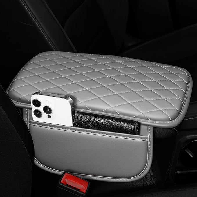 Upgraded Car Center Console Cover Fit for Land Cruiser Faux Leather Car Armrest Cover Cushion with 2 Storage Bags,Car Armrest Storage Box Interior Accessories(Grey&Whiteline)
