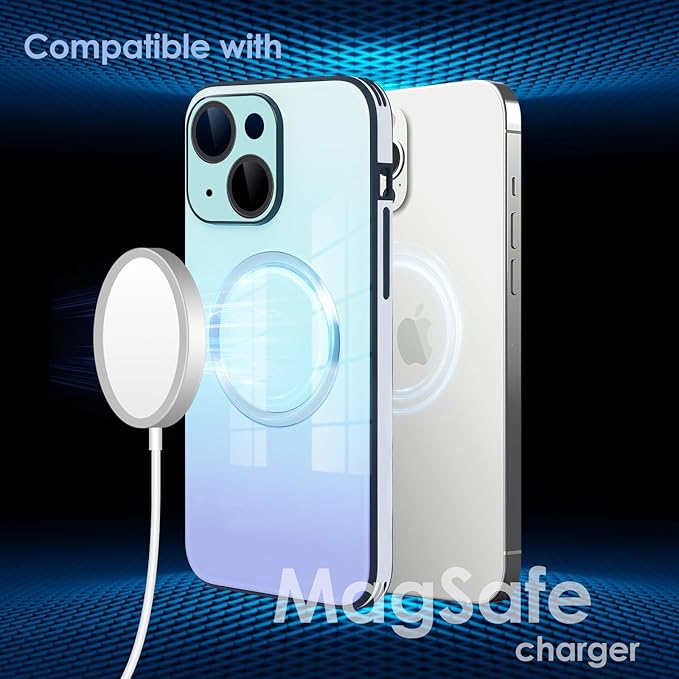 Guppy Compatible with iPhone 15 Plus Case Magnetic, with Full Camera Lens Protector [Compatible with MagSafe] Scratch Resistant Gradient Glass Back Cover Phone Case-Blue
