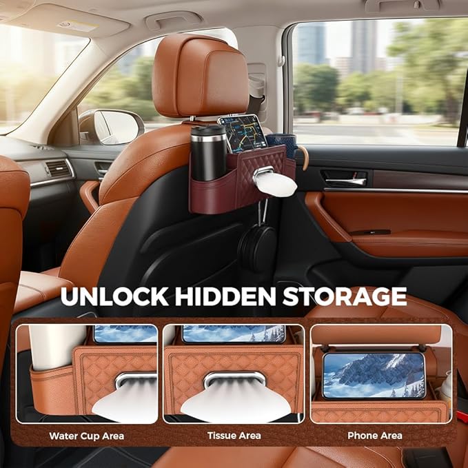 3-in-1 Car Backseat Organizer with Cup Holder Tissue Box and Hooks, Multifunctional Car Seat Back Storage Box, Car Headrest Backseat Organizer for Travel SUV Sedan Truck Car Accessories (Brown)