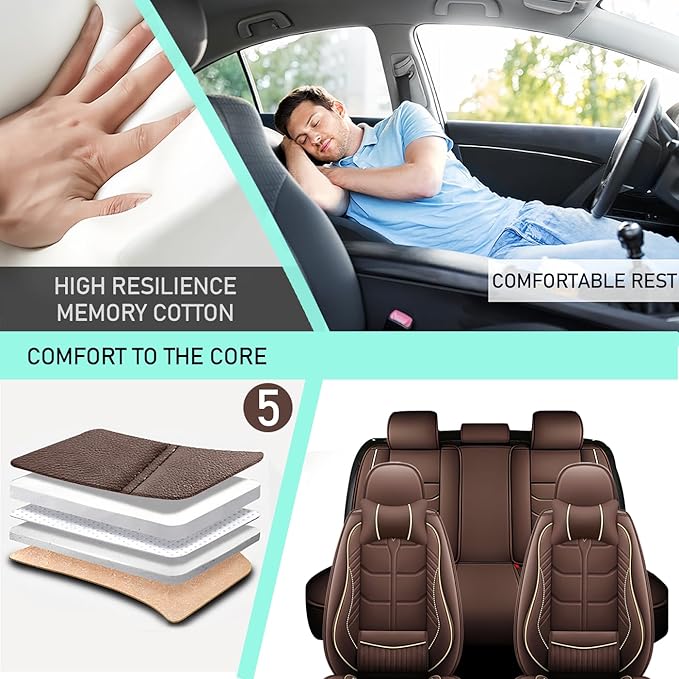 Leather Car Seat Covers Fit for Toyota Sequoia 2001-2024, 5 Seater Car Seat Cover, Premium Waterproof, Scratch Resistant Car Interior Accessories (Full Set with Pillow Coffee)