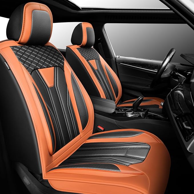 Fit Sentra Car Seat Covers Compatible with Nissan Sentra 2001-2025 2026 - Premium Leather， Waterproof Breathable， All-Weather Seat Cushion Protecto&Airbag Compatible (2 Front Seat Orange&Black)