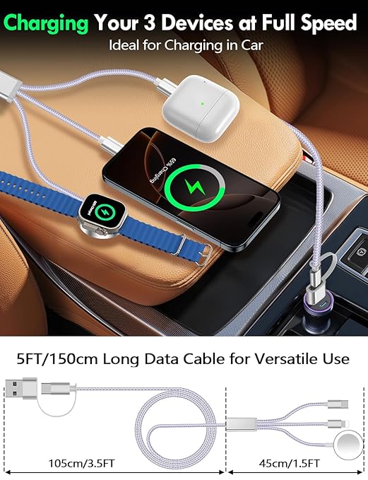 2Pack Multi Charging Cable Cord for Travel Essentials,Apple Watch Charger,iPhone Charger,[3-in-2] Type C/Lightning Cable Portable Designed for iWatch,iPhone 17-8,Galaxy S25-21,AirPods,iPad-1.5M Purple