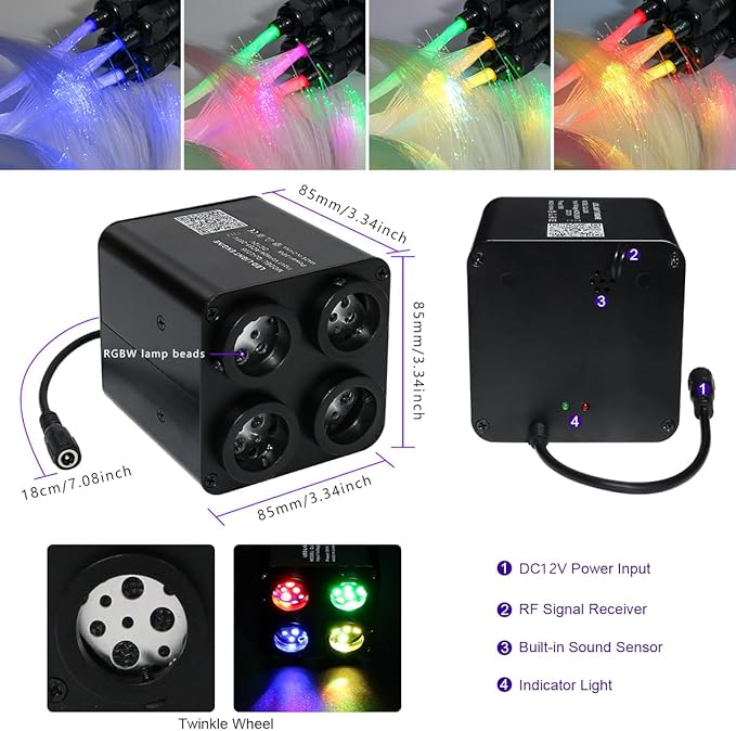 AZIMOM 4Port 36W Twinkle 800pcs 0.03in 9.8ft Fiber Optic Starlight Headliner Kits 4Colors Light Source Sound Activated Remote APP Control Home Indoor Ceiling Car Headliner Decoration