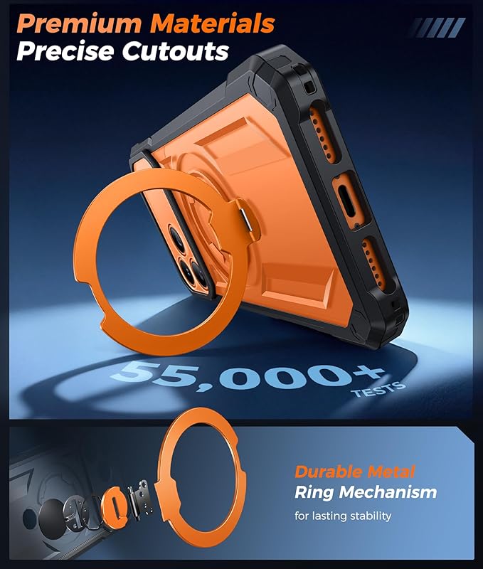 FNTCASE for iPhone 17 Pro-Max Case: [360 Spin Magnetic Ring Kickstand] [Compatible for MagSafe] [Screen Protector] Heavy Duty Military Grade Protection Protective Phone Case with Stand Orange