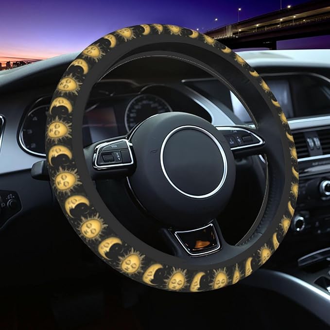 Sun and Moon Cute Steering Wheel Cover Non-Slip Breathable Sweat-Absorbent Suitable for SUV Van Truck Car Universal Protection Accessories 15 Inch Suitable for Women Men