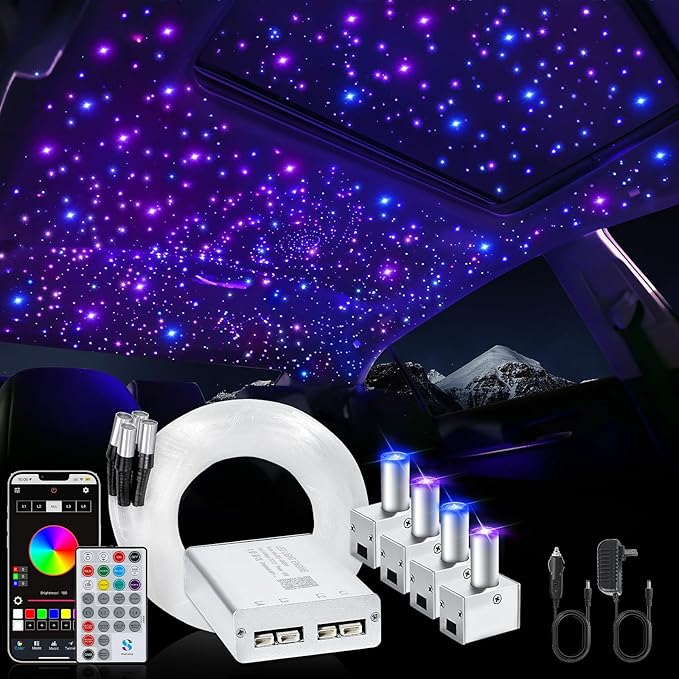 Split 4 Colors 12W Car Starlight Headliner Kit 860pcs*0.02in*9.8ft with APP&RF Remote,RGBW Fiber Optic Strands Star Roof Lights,4 Port Engine Sound Activated Star Ceiling Lights for Car/Home Decor