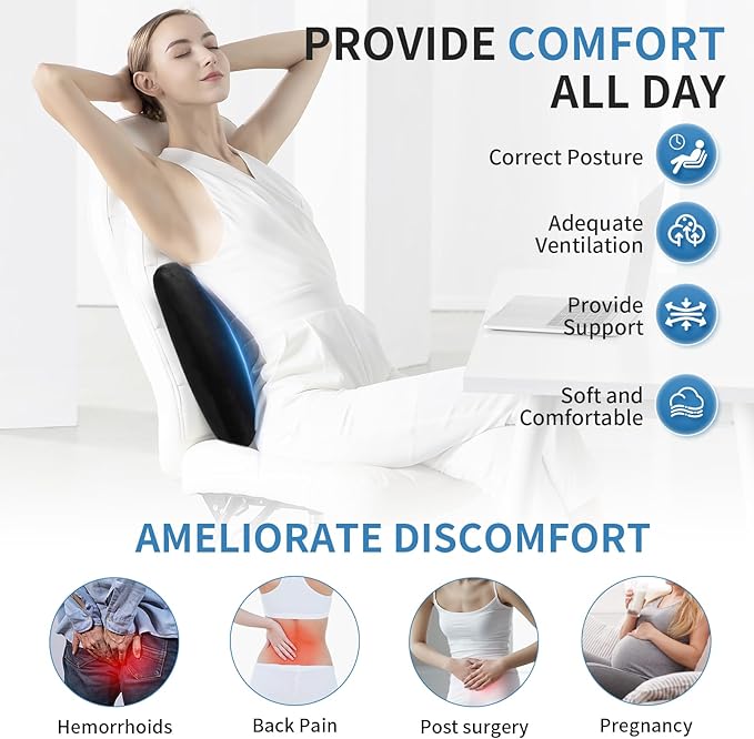 Lumbar Support Pillow for Car, Memory Foam Back Support Lumbar Pillow for Car, Gaming, Office Chair, Ergonomic for Lower Back Pain Relief, Comfortable and Soft Fabric, Black