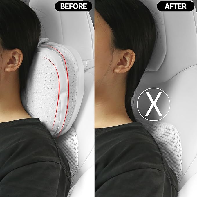 Car Headrest Pillow for Driving, Dual-Sided Leather Design Neck Pillow, Breathable Softness Neck Support, Universal Fit Head Rest Travel Pillow, White, 1 Pack