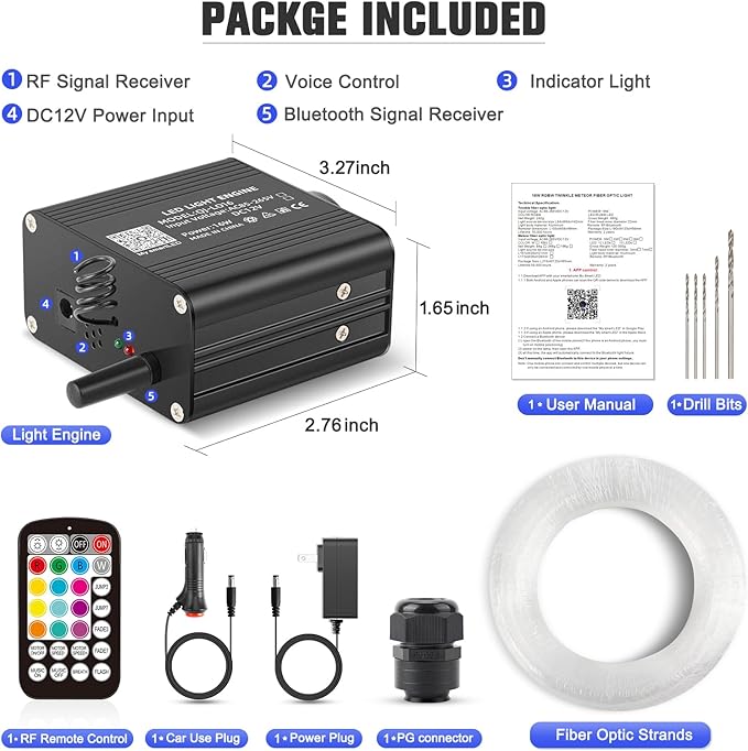16W Twinkle Starlight Headliner Kit, 450pcs*0.03in*9.8ft Fiber Optic Strands Bluetooth APP/Remote/Music Control, RGBW Car Star Ceiling Light Kit+Adapter+Car Use Plug for Home/Theater