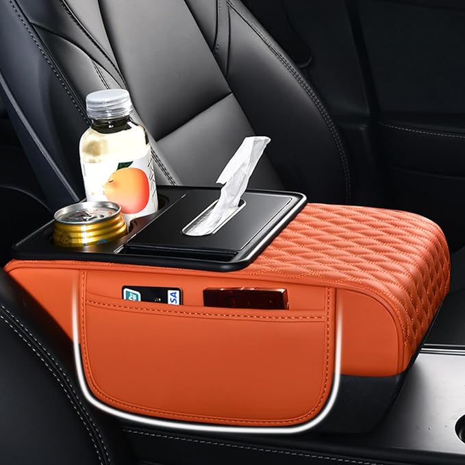 5-in-1 Car Armrest Pad Cushion, Water Ripple Embossed Center Console Booster Pad with Tissue Box, Cup Holder, Storage Bag, Phone Slot, Fit for Most Sedan Vehicles (Water Ripple Series, Burgundy)