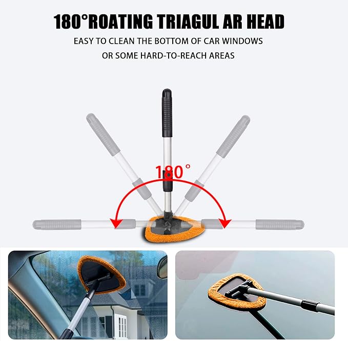 Windshield Cleaner Tool - Portable Car Interior Window Cleaning Kit with Extendable Handle, 4 Microfiber Towel Pads, Auto Glass Wiper for Windshield, Universal for RV, SUV, Truck (Orange)