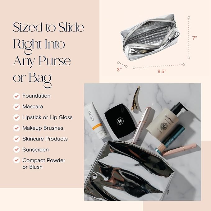 Stay Golden Insulated Waterproof Makeup Bag for Women Heat-Resistant Travel Cosmetic & Toiletry Bag | Luxurious Vegan Leather Portable Makeup Organizer (Metallic Silver - Silver Zipper, Medium)