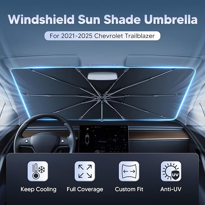 Autorder Windshield Sun Shade Umbrella for 2021-2026 Chevy Chevrolet Trailblazer Accessories,Upgraded Ice Crystal Material,Easy Setup Umbrella Sunshade for Car Windshield,100% Sun Blocking