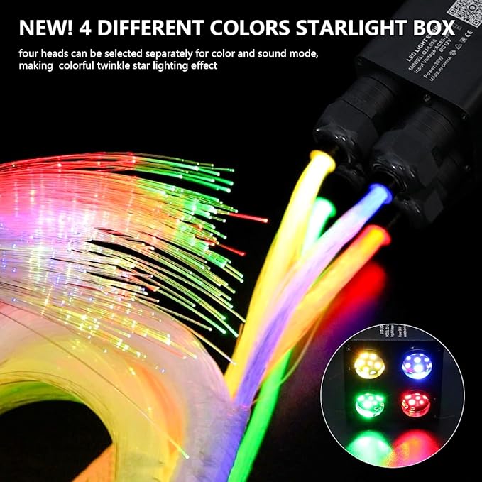 AMKI Updated 4Color Twinkle 36w Starlight Headliner Kits 400pcs 0.03in 9.8ft Fiber Optic Light Cable 4 Ports Starlight Box App/Remote Control Sound Mode for Car Home Ceiling Decoration