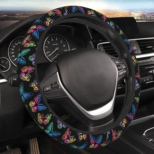 Colorful Butterfly Steering Wheel Cover Women Men Elastic Stretch Soft Car Wheel Protector Universal Breathable No-Slip Car Accessories for Truck Van SUV Auto Fit 14-15 Inches