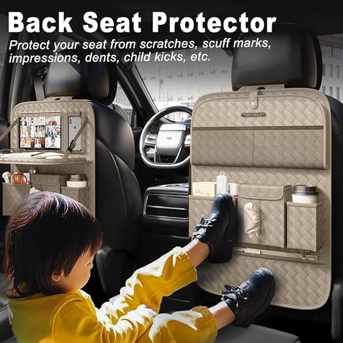 XDV Car Seat Organizers,Multi-functional Back Seat Protectors, Storage Pouches, and Tray Holders (for Cars, Kids, Seat Back and Rear Seats) (Woven Beige, 1 Pcs)