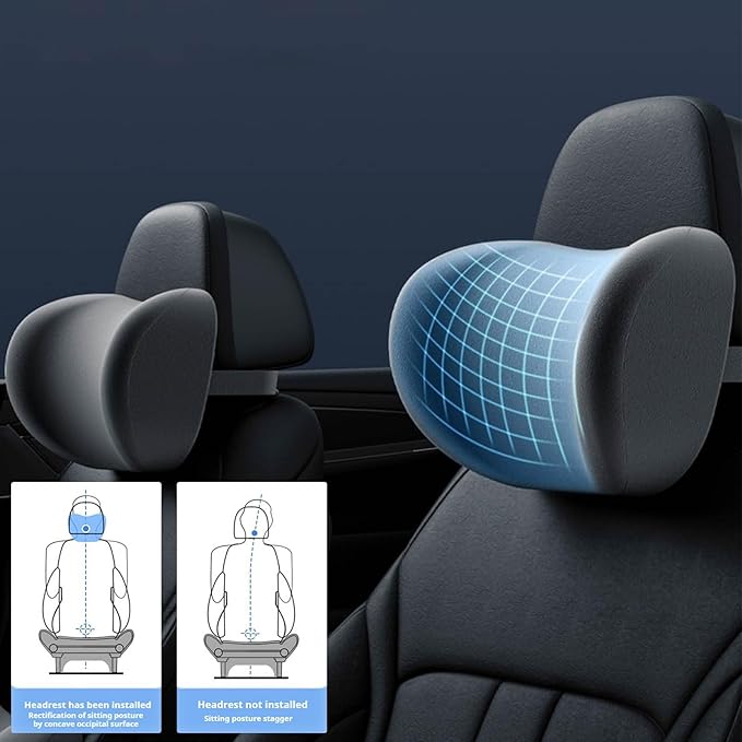 Car Headrest & Lumbar Support Cushion, Ergonomic Car Seat Headrest & Lumbar Cushion with Adjustable Strap for Neck Back Pain Relief, Memory Foam & Breathable Car Head Lumbar Rest Set (Black)