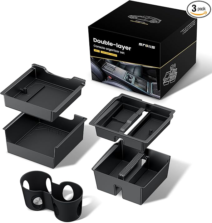 Sroiis® Gen 2 Double-Layer Center Console Organizer Set for Tesla Model Y Juniper Accessories (2025 2026) True 2-Tier Storage System [ Upper Tray + Hidden Lower Compartment ] - 3PCS Jet Black
