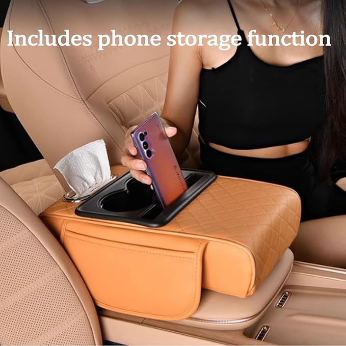 Multifunctional Pu Leather Car Armrest Box Mat, 5-In-1Multifunctional Car Armrest Cushion, Car Arm Rest Cover Pad, Center Console Organizer with Cup Holder, Tissue Box & Phone Slot (Black)