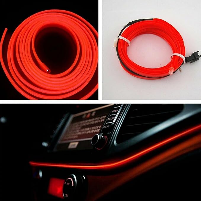 Riloer El Wire Lights for Car, Interior Neon Lights Strip Car LED Strip Light Interior for Car Garden Party Decoration, Car Ambient Lighting Kits, 3m/9.8ft Red LED